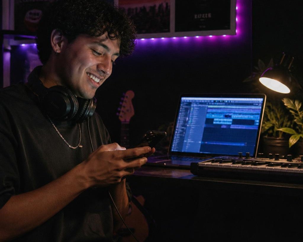 Artista sonriendo mientras lee un mensaje en el celular, en su estudio casero