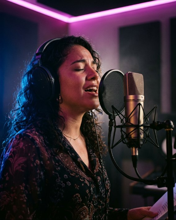 Cantante grabando voces frente a un micrófono de estudio, con luces violetas